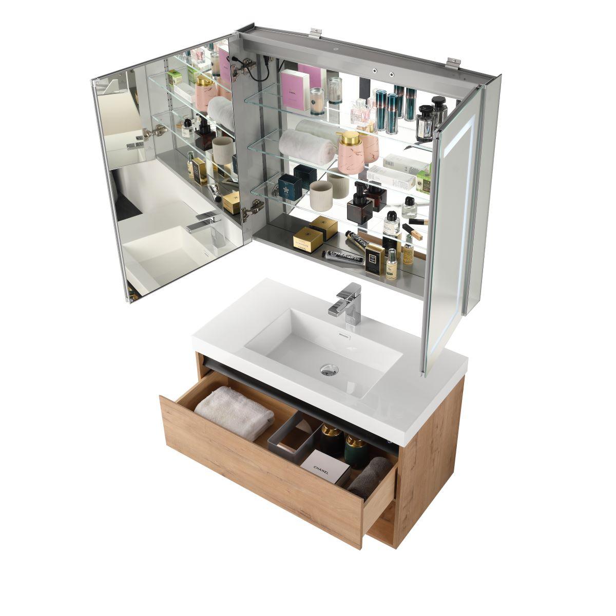 Blossom Bergen Classic Oak 36" Vanity with Dual LED Illumination - Adjustable Lighting, Acrylic Basin, open