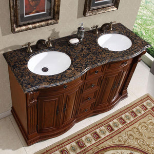 Silkroad Exclusive 55-inch Baltic Brown Granite Top Double Sink Cherry Transitional Bathroom Vanity - HYP-0223-BB-UWC-55