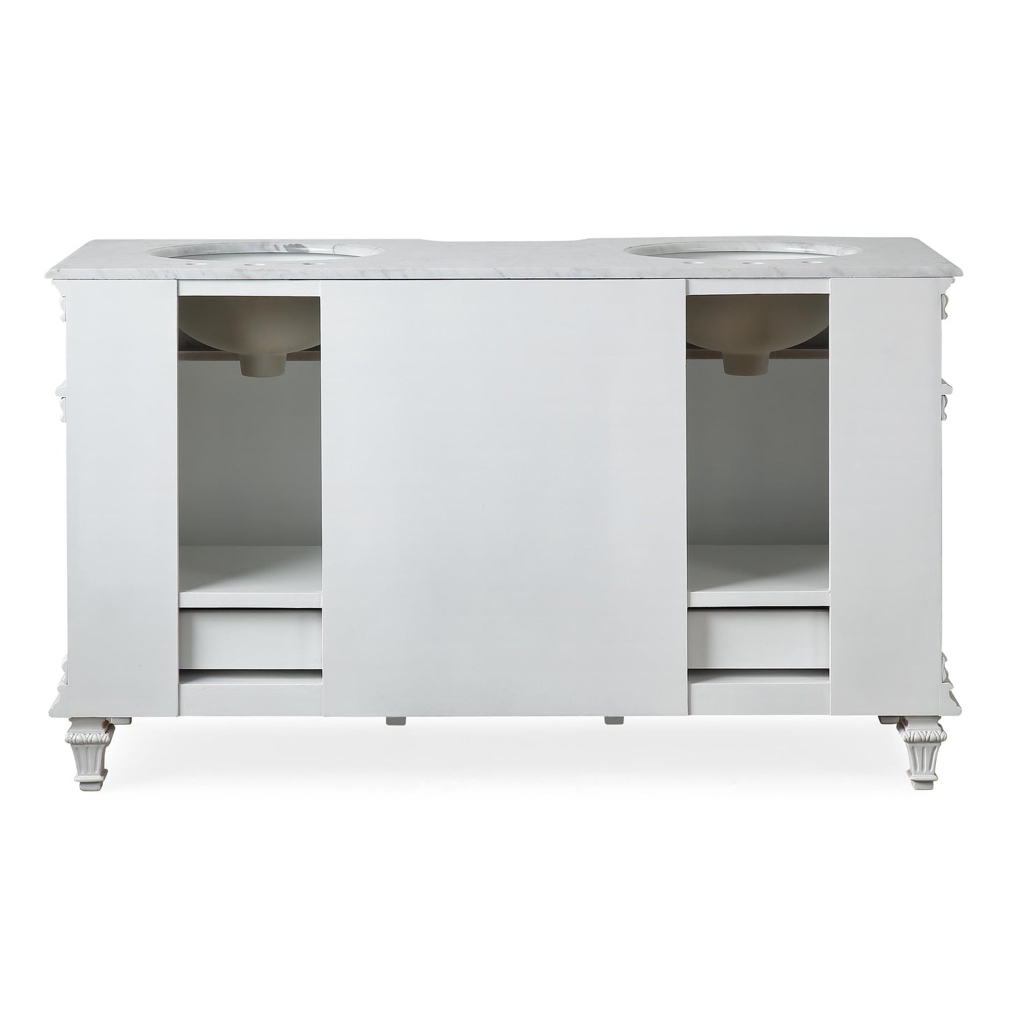 Silkroad Exclusive Traditional 60" Double Sink Vanity, White Carrara Marble, White, back