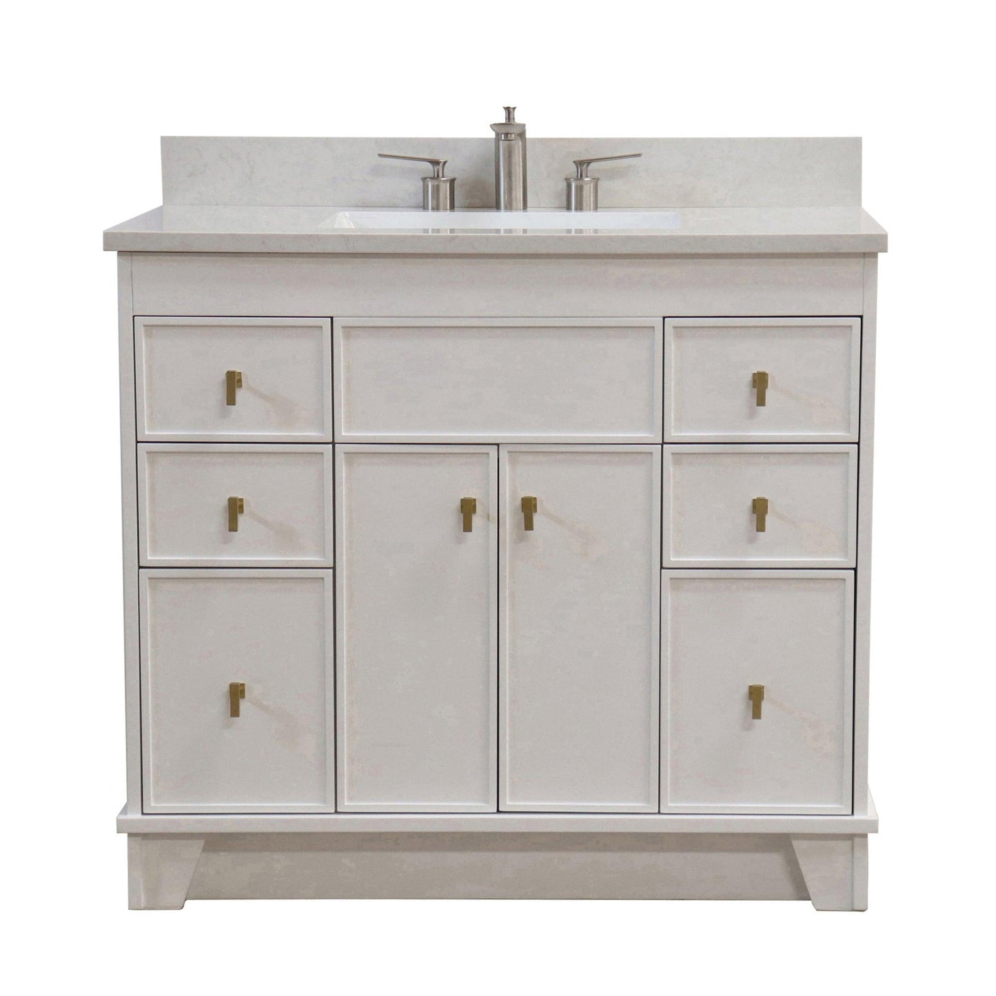 39 in. Single Sink Vanity in White finish with Engineered Quartz Top, Brushed Gold Hardware