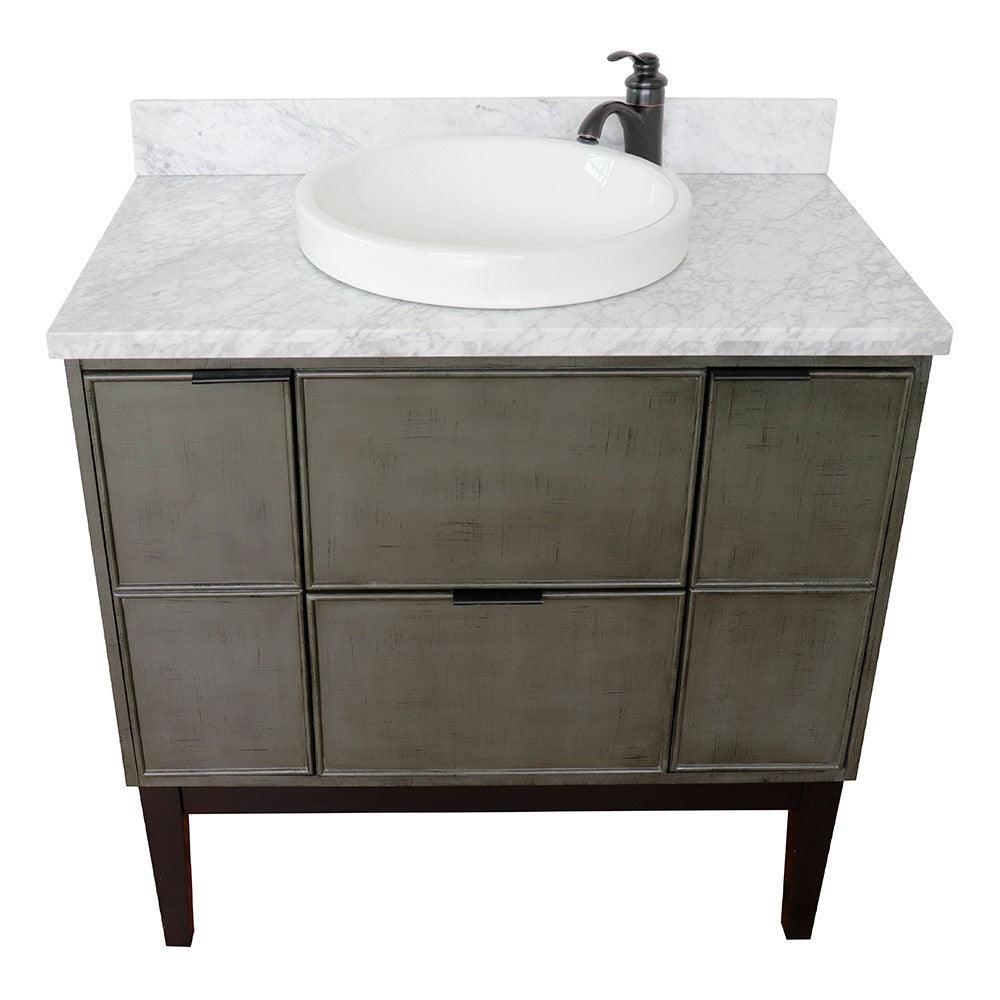 Bellaterra 37" Single Vanity in Linen Gray Finish with Counter Top and Sink 400501-LY, White Carrara Marble / Round, Front