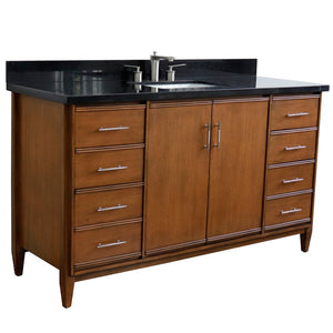Bellaterra 61" Single Sink Vanity in Walnut Finish with Counter Top and Sink 400901-61S-WA, Black Galaxy Granite / Rectangle, Front