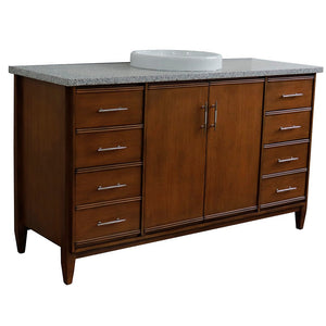 Bellaterra 61" Single Sink Vanity in Walnut Finish with Counter Top and Sink 400901-61S-WA, Gray Granite / Round, Front