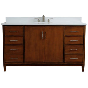 Bellaterra 61" Single Sink Vanity in Walnut Finish with Counter Top and Sink 400901-61S-WA, White Quartz / Oval, Front