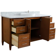 Load image into Gallery viewer, Bellaterra 61&quot; Single Sink Vanity in Walnut Finish with Counter Top and Sink 400901-61S-WA, White Carrara Marble / Round, Open