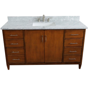 Bellaterra 61" Single Sink Vanity in Walnut Finish with Counter Top and Sink 400901-61S-WA, White Carrara Marble / Rectangle, Front Top