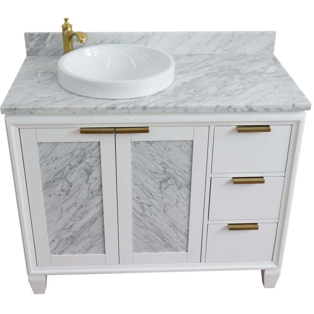 Bellaterra White 43" Single Vanity, White Cararra Top, Left Doors round Sink 400990-43L-WH