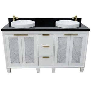 Bellaterra White 61" Wood Double Vanity  Black Top 400990-61D-WH Round