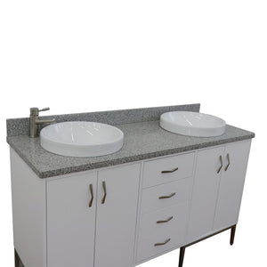 Bellaterra 61" Double Sink Vanity in White Finish with Counter Top and Sink 408001-61D-WH, Gray Granite / Round, Front Top