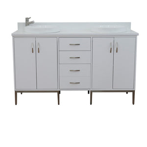 Bellaterra 61" Double Sink Vanity in White Finish with Counter Top and Sink 408001-61D-WH, White Quartz / Round, Front