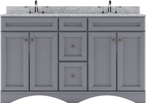 Virtu Talisa gray 60" Double Bath Vanity Set, Italian Carrara White Marble Top & Rectangular Double Centered Basin ED-25060-WMSQ white bg front