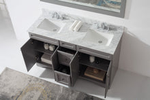 Load image into Gallery viewer, Virtu Talisa gray 60&quot; Double Bath Vanity Set, Italian Carrara White Marble Top &amp; Rectangular Double Centered Basin ED-25060-WMSQ up view open