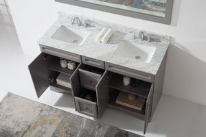 Virtu Talisa gray 60" Double Bath Vanity Set, Italian Carrara White Marble Top & Rectangular Double Centered Basin ED-25060-WMSQ up view open