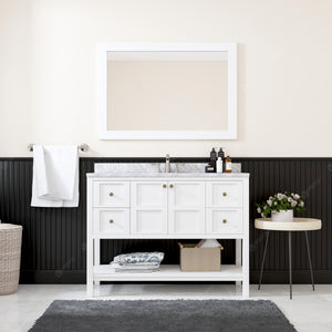 ES-30048-WMSQ-WH White Winterfell 48" Single Bath Vanity Set with Italian Carrara White Marble Top & Rectangular Centered Basin, Mirror