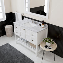 Load image into Gallery viewer, ES-30048-WMSQ-WH White Winterfell 48&quot; Single Bath Vanity Set with Italian Carrara White Marble Top &amp; Rectangular Centered Basin, Mirror side