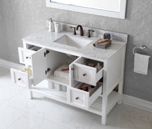 Load image into Gallery viewer, ES-30048-WMSQ-WH White Winterfell 48&quot; Single Bath Vanity Set with Italian Carrara White Marble Top &amp; Rectangular Centered Basin, Mirror open