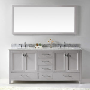 GD-50072-WMSQ-CG Cashmere Gray Caroline Avenue 72" Double Bath Vanity Set with Italian Carrara White Marble Top & Rectangular Double Centered Basin, 1 Mirror