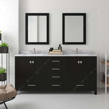 Load image into Gallery viewer, GD-50072-WMSQ-ES ESpresso Caroline Avenue 72&quot; Double Bath Vanity Set with Italian Carrara White Marble Top &amp; Rectangular Double Centered Basin, 2 Mirrors, styled