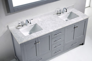 GD-50072-WMSQ-GR Gray Caroline Avenue 72" Double Bath Vanity Set with Italian Carrara White Marble Top & Rectangular Double Centered Basin, 1 Mirror up