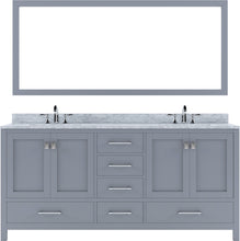 Load image into Gallery viewer, GD-50072-WMSQ-GR Gray Caroline Avenue 72&quot; Double Bath Vanity Set with Italian Carrara White Marble Top &amp; Rectangular Double Centered Basin, 1 Mirror