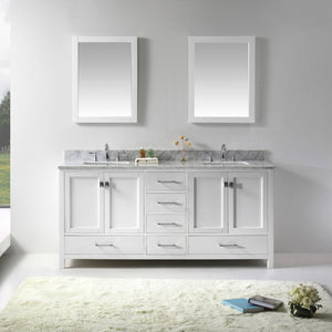 GD-50072-WMSQ-WH White Caroline Avenue 72" Double Bath Vanity Set with Italian Carrara White Marble Top & Rectangular Double Centered Basin, 2 Mirrors, styled
