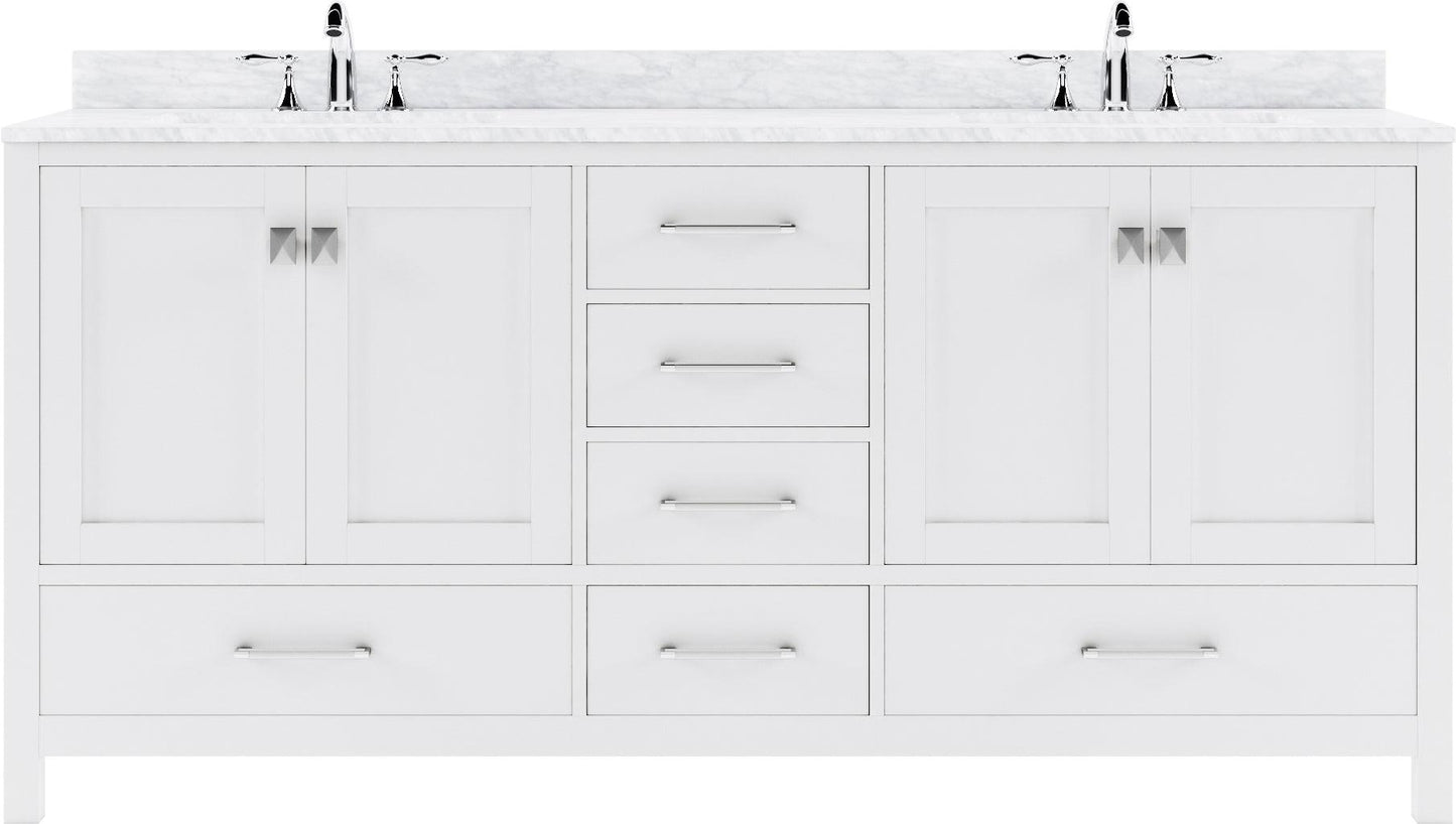 GD-50072-WMSQ-WH White Caroline Avenue 72" Double Bath Vanity Set with Italian Carrara White Marble Top & Rectangular Double Centered Basin