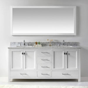 GD-50072-WMSQ-WH White Caroline Avenue 72" Double Bath Vanity Set with Italian Carrara White Marble Top & Rectangular Double Centered Basin, 1 Mirror styled