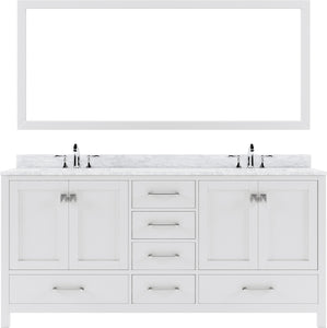 GD-50072-WMSQ-WH White Caroline Avenue 72" Double Bath Vanity Set with Italian Carrara White Marble Top & Rectangular Double Centered Basin, 1 Mirror