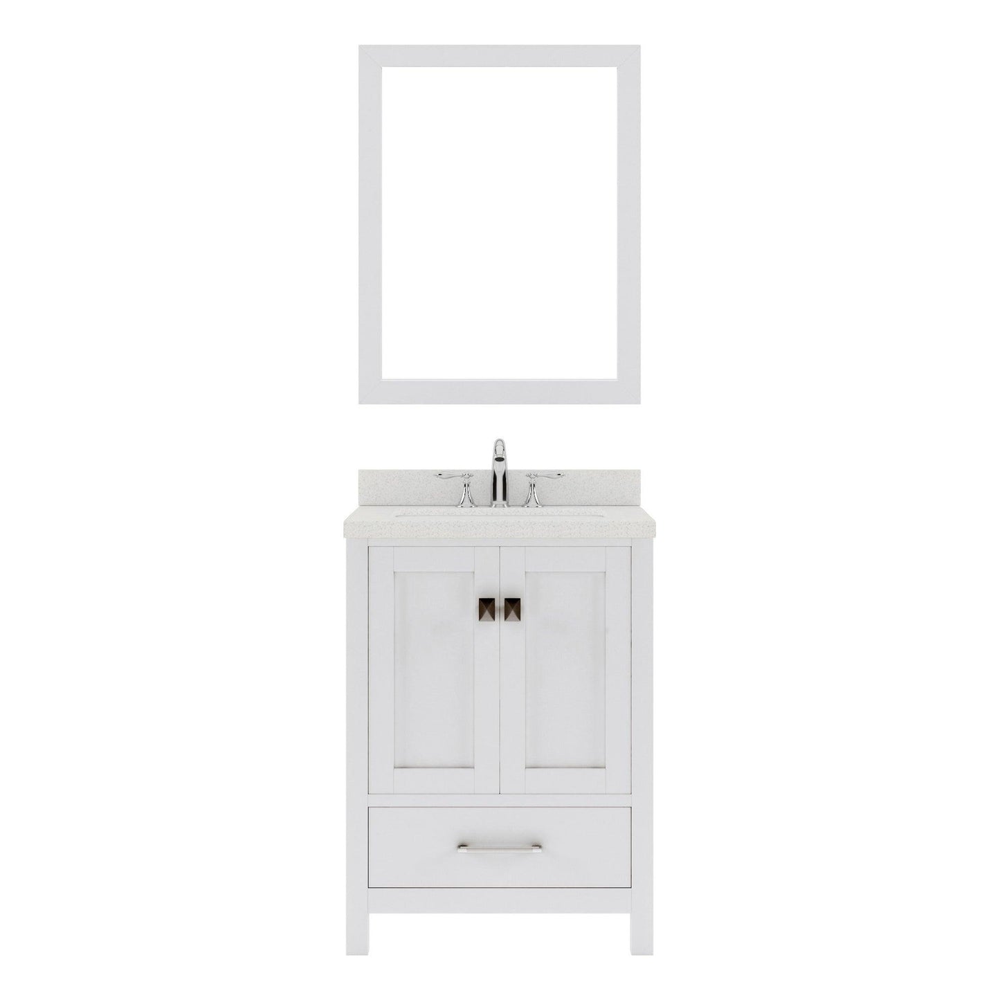 GS-50024-DWQSQ-WH White Caroline Avenue 24" Single Bath Vanity Set with Dazzle White Quartz Top & Rectangular Centered Basin, mirror