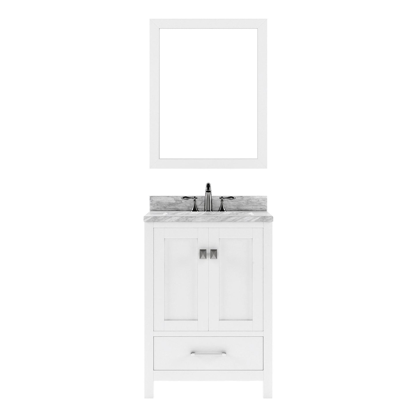 GS-50024-WMSQ-WH White Caroline Avenue 24" Single Bath Vanity Set with Italian Carrara White Marble Top & Rectangular Centered Basin, Mirror