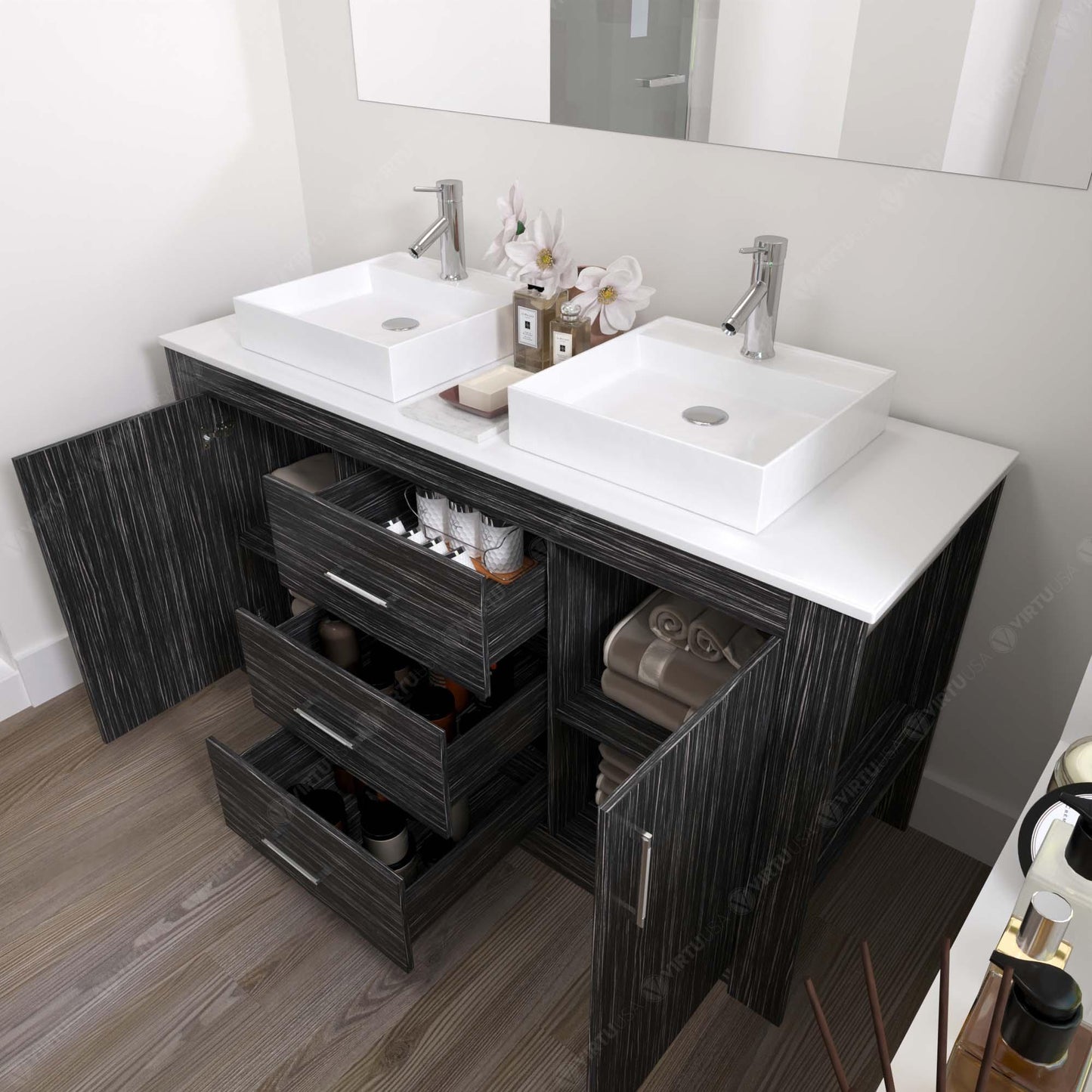 KD-90060-S-MO-NM Midnight Oak Tavian 60" Double Bath Vanity Set with White Engineered Stone Top & Rectangular Double Centered Basin, mirror open