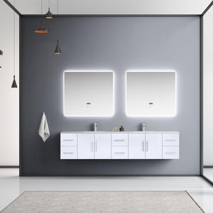 Geneva 84" Glossy White, Dark Grey or Navy Blue Double Vanity, available with White Carrara Marble Top, White Square Sink, 36" LED Mirror and Faucet - The Bath Vanities