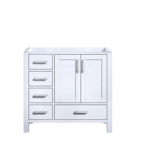Jacques 36" White, Dark Grey, Distressed Grey, Navy Blue Single Vanity, Available with White Carrara Marble Top, White Square Sink and 34" Mirror and Faucet-Right Version - The Bath Vanities