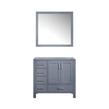 Load image into Gallery viewer, Jacques 36&quot; White, Dark Grey, Distressed Grey, Navy Blue Single Vanity, Available with White Carrara Marble Top, White Square Sink and 34&quot; Mirror and Faucet-Right Version - The Bath Vanities