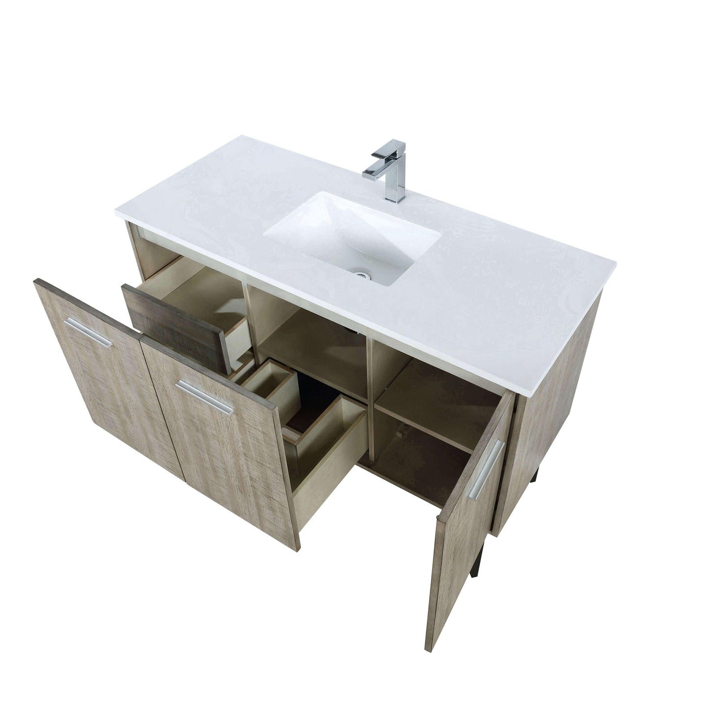 Lancy 48" Rustic Acacia Bathroom Vanity, White Quartz Top, White Square Sink. Optional: 43" Frameless Mirror, Faucet Set with Pop-Up Drain and P-Trap - The Bath Vanities