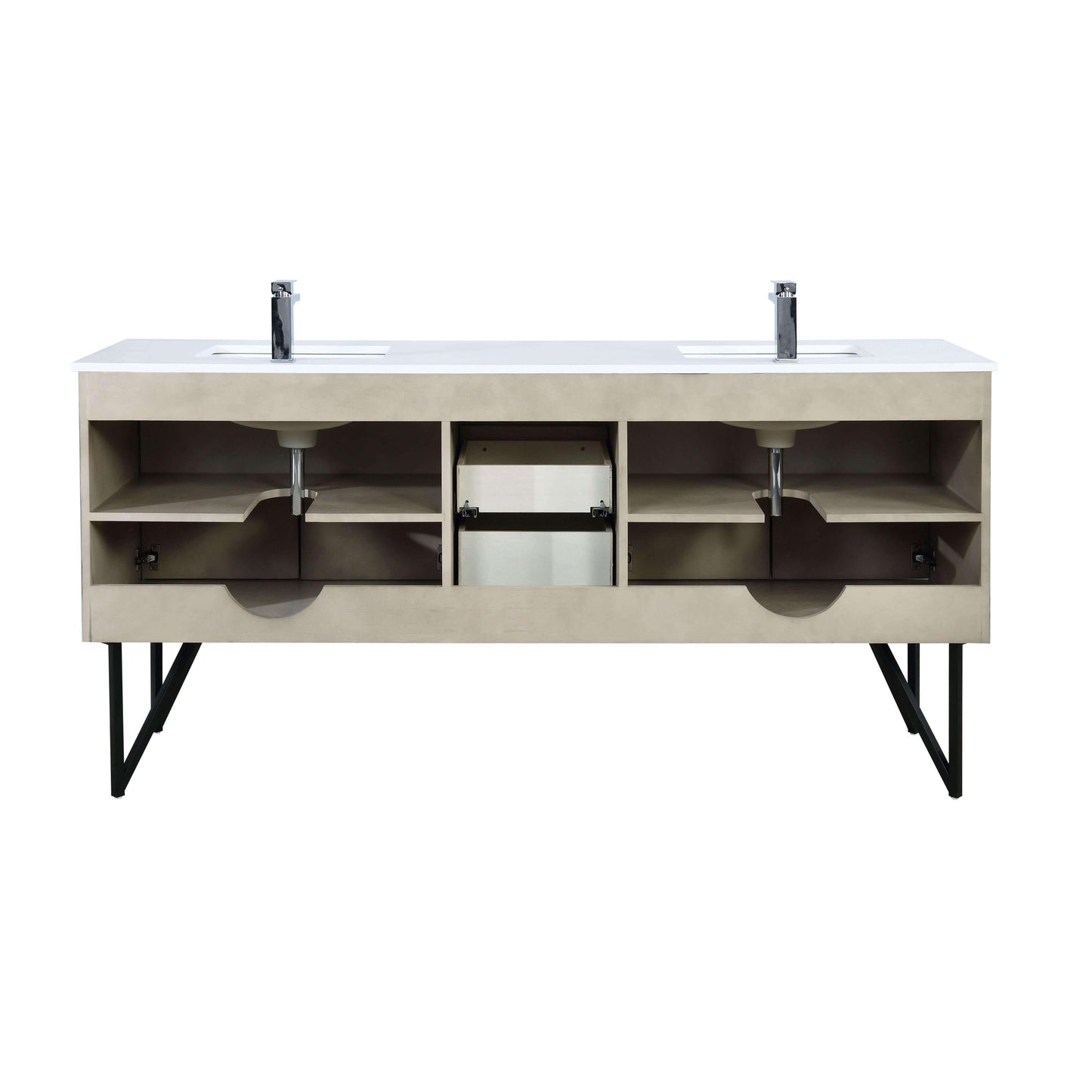 Lancy 72" Rustic Acacia Bathroom Vanity, White Quartz Top, White Square Sink. Optional: 70" Frameless Mirror, Faucet Set with Pop-Up Drain and P-Trap - The Bath Vanities