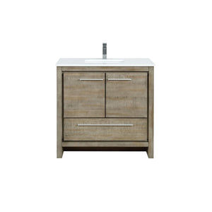 Lafarre 36" Rustic Acacia Bathroom Vanity, White Quartz Top, White Square Sink, and Monte Chrome Faucet Set. Available with 28" Frameless Mirror, Faucet Set with Pop-Up Drain and P-Trap - The Bath Vanities