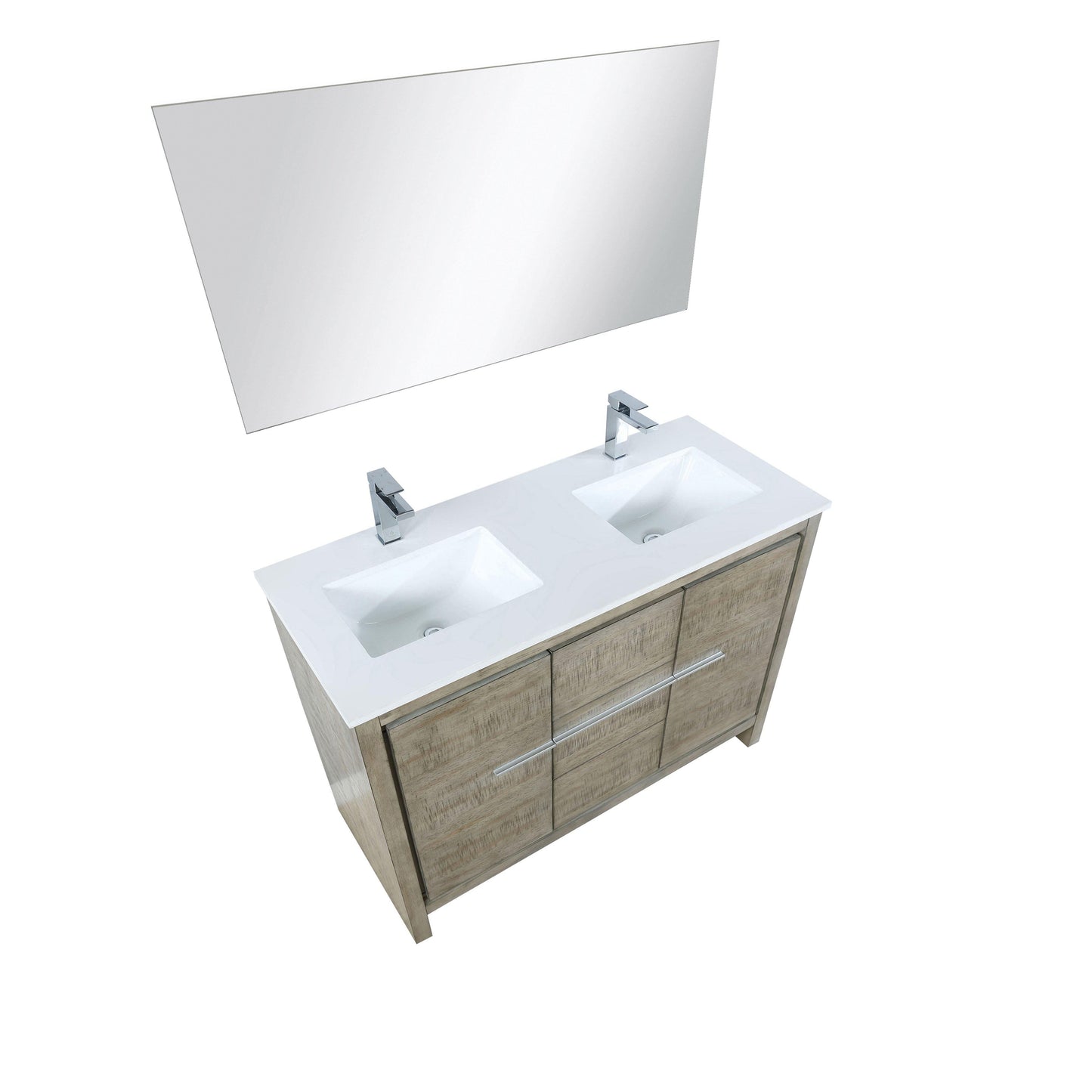 Lafarre 48" Rustic Acacia Double Bathroom Vanity, White Quartz Top, White Square Sink, and Monte Chrome Faucet Set. Available with 43" Frameless Mirror, Faucet Set with Pop-Up Drain and P-Trap - The Bath Vanities
