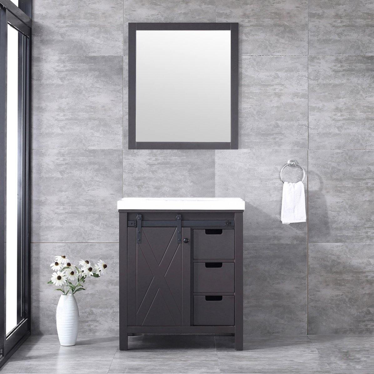 Marsyas 30" White, Dark Grey, Brown, Rustic Brown, Ash Grey Single Vanity, Available with White Carrara Marble Top and Quartz Top, White Square Sink, 28" Mirror and Faucet - The Bath Vanities
