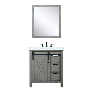 Marsyas 30"  White, Dark Grey, Brown, Rustic Brown, Ash Grey Single Vanity, Available with White Carrara Marble Top and Quartz Top, White Square Sink, 28" Mirror and Faucet - The Bath Vanities