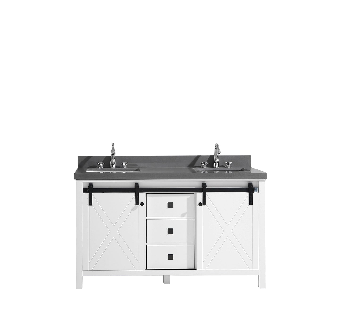 Marsyas Veluti 60" White or Rustic Brown Double Vanity, Available with White Carrara Marble Top, White Square Sink, 24" Mirror and Faucet - The Bath Vanities