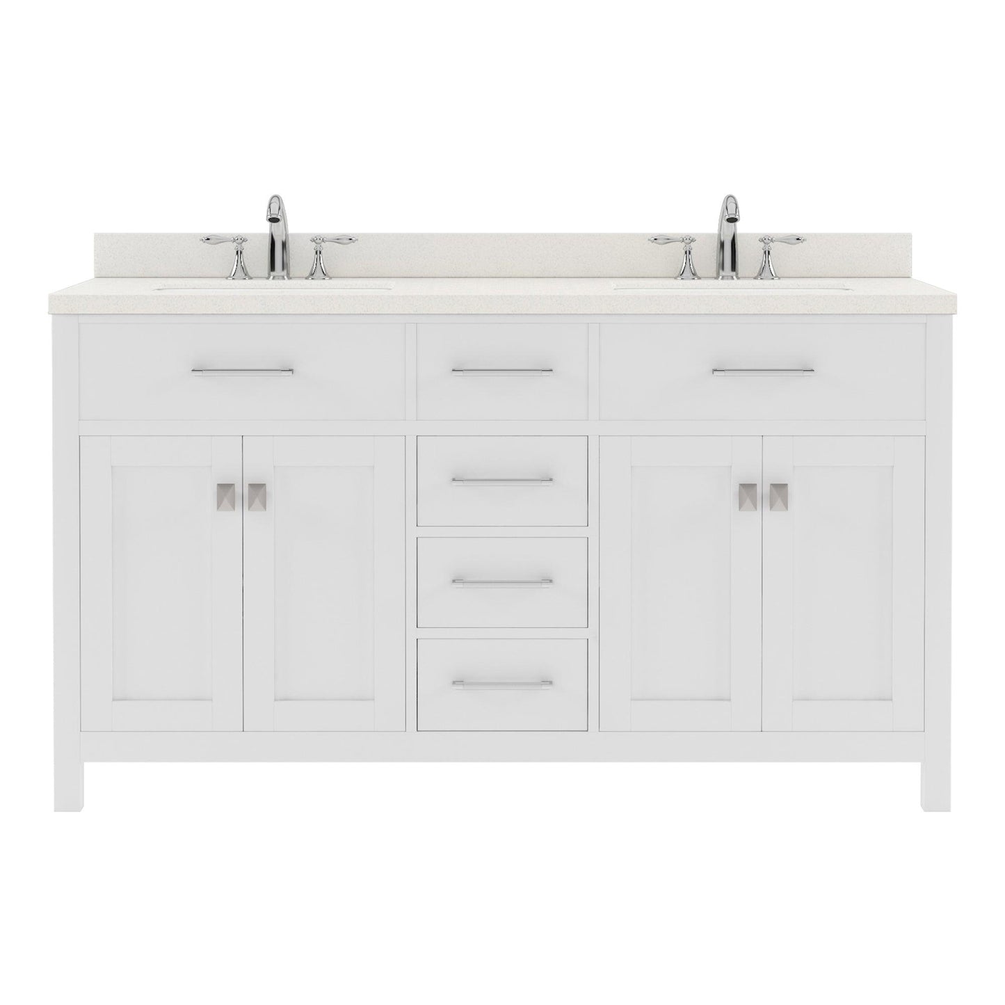 MD-2060-DWQSQ-WH White Caroline 60" Double Bath Vanity Set with Dazzle White Quartz Top & Rectangular Double Centered Basin