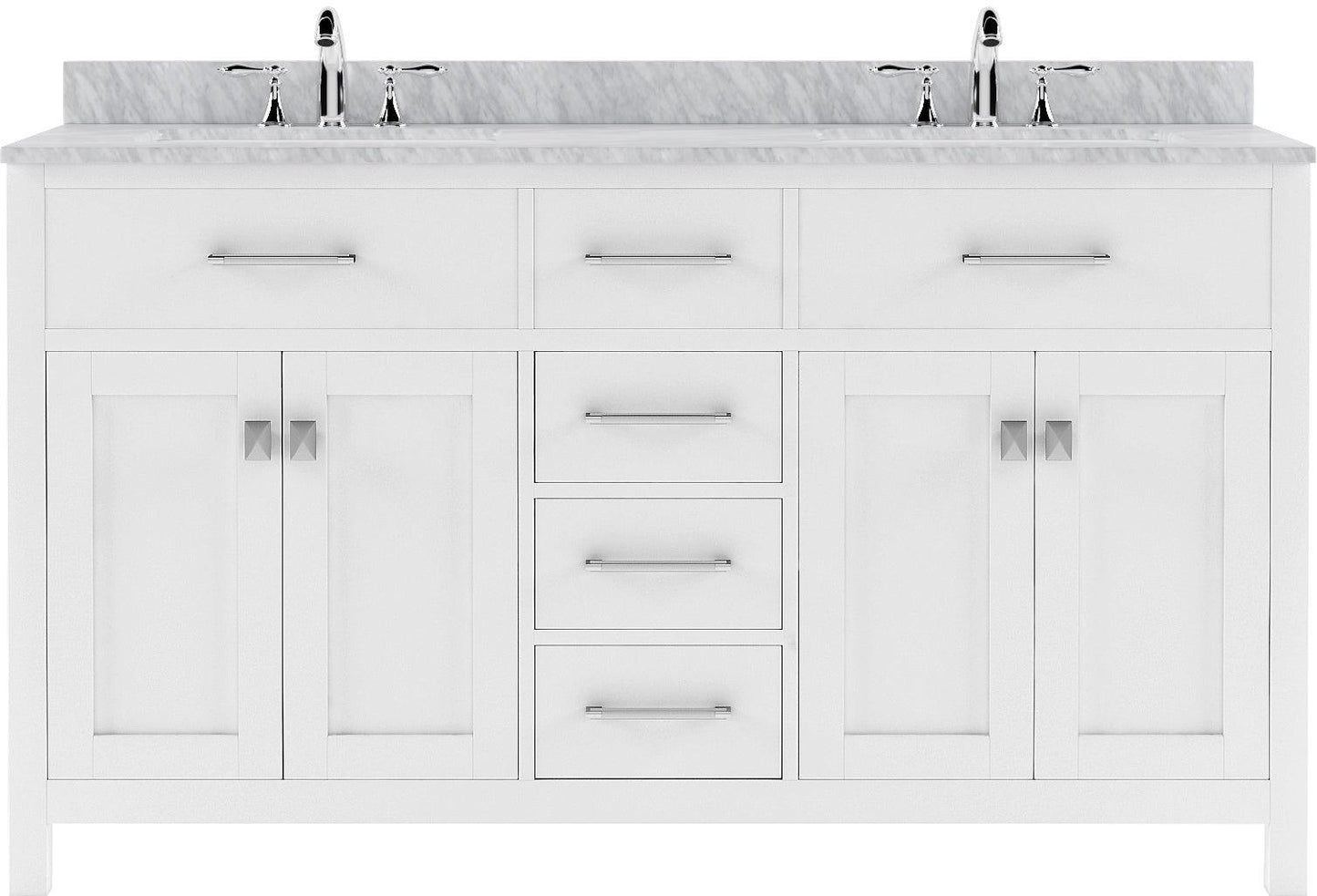MD-2060-WMSQ-WH White Caroline 60" Double Bath Vanity Set with Italian Carrara White Marble Top & Rectangular Double Centered Basin