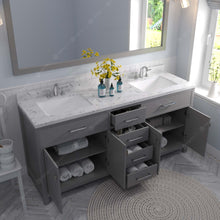 Load image into Gallery viewer, MD-2072-CMSQ-CG Cashmere Gray Caroline 72&quot; Double Bath Vanity Set with Cultured Marble Quartz Top &amp; Rectangular Centered Basin, Mirror open
