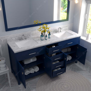 MD-2072-CMSQ-FB Blue Caroline 72" Double Bath Vanity Set with Cultured Marble Quartz Top & Rectangular Centered Basin, Mirror open