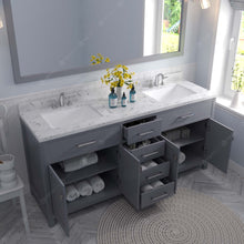 Load image into Gallery viewer, MD-2072-CMSQ-GR Gray Caroline 72&quot; Double Bath Vanity Set with Cultured Marble Quartz Top &amp; Rectangular Centered Basin, Mirror open