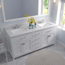 Load image into Gallery viewer, MD-2072-CMSQ-WH White Caroline 72&quot; Double Bath Vanity Set with Cultured Marble Quartz Top &amp; Rectangular Centered Basin, Mirror up