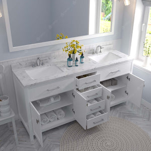 MD-2072-CMSQ-WH White Caroline 72" Double Bath Vanity Set with Cultured Marble Quartz Top & Rectangular Centered Basin, Mirror open