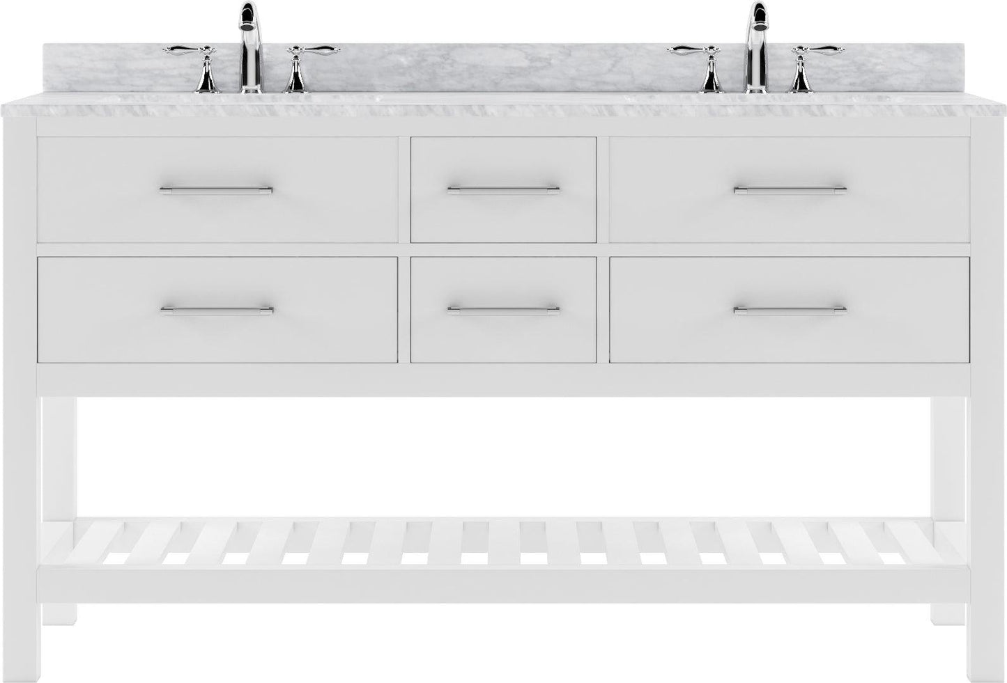 MD-2260-WMSQ-WH White Caroline Estate 60" Double Bath Vanity Set with Italian Carrara White Marble Top & Rectangular Double Centered Basin