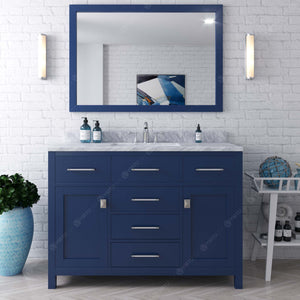 MS-2048-WMRO-FB Blue Caroline 48" Single Bath Vanity Set with Italian Carrara White Marble Top & Oval Centered Basin, Mirror styled